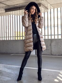 Béžová dámská oboustranná dlouhá prošívaná zimní bunda kabát s kapucí Bolf B8202A