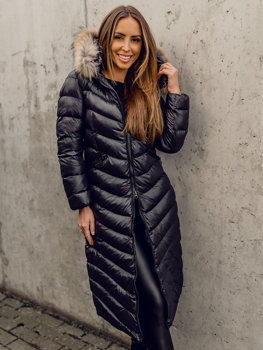 Černá dámská prodloužená prošívaná zimní bunda s kapucí kabát s přírodní kožešinou Bolf M699