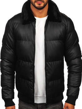 Černá pánská prošívaná zimní koženková bunda Bolf M8301