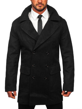 Černý pánský dvouřadový zimní kabát s výsokým limcem Bolf 1048C