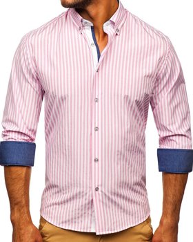Růžová pánská pruhovaná košile s dlouhým rukávem Bolf 20704