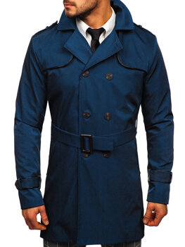 Světle modrý pánský dvouřadový kabát s vysokým límcem a páskem Bolf 0001
