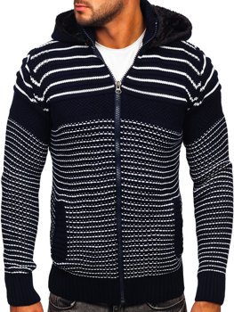 Tmavě modrý silný pánský svetr na zip s kapucí bunda Bolf 2031