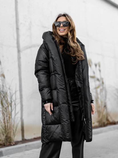 Černá dámská dlouhá prošívaná zimní bunda s kapucí Bolf MY0363A