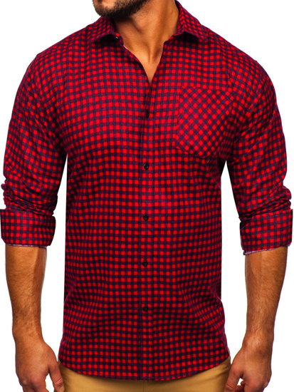 Červená flanelová pánská kostkovaná košile s dlouhým rukávem Bolf F8-2