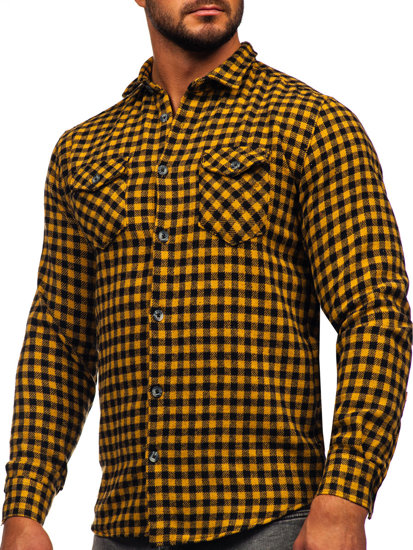 Kamelová pánská kostkovaná flanelová košile s dlouhým rukávem Bolf 22701