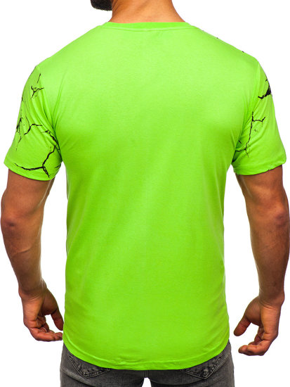 Zeleno-neonové pánské bavlněné maskáčové tričko s potiskem Bolf 14717
