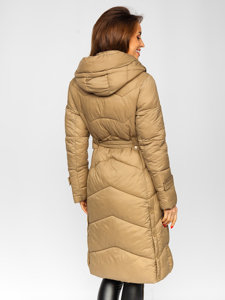 Béžová dámská dlouhá prošívaná zimní bunda s kapucí Bolf P6611