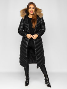 Černá dámská prodloužená prošívaná zimní bunda s kapucí kabát s přírodní kožešinou Bolf M699