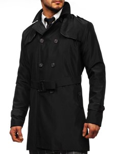 Černý pánský dvouřadový kabát s vysokým límcem a páskem Bolf 0001