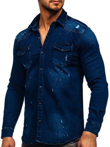 Tmavě modrá pánská džínová košile s dlouhým rukávem Bolf R702